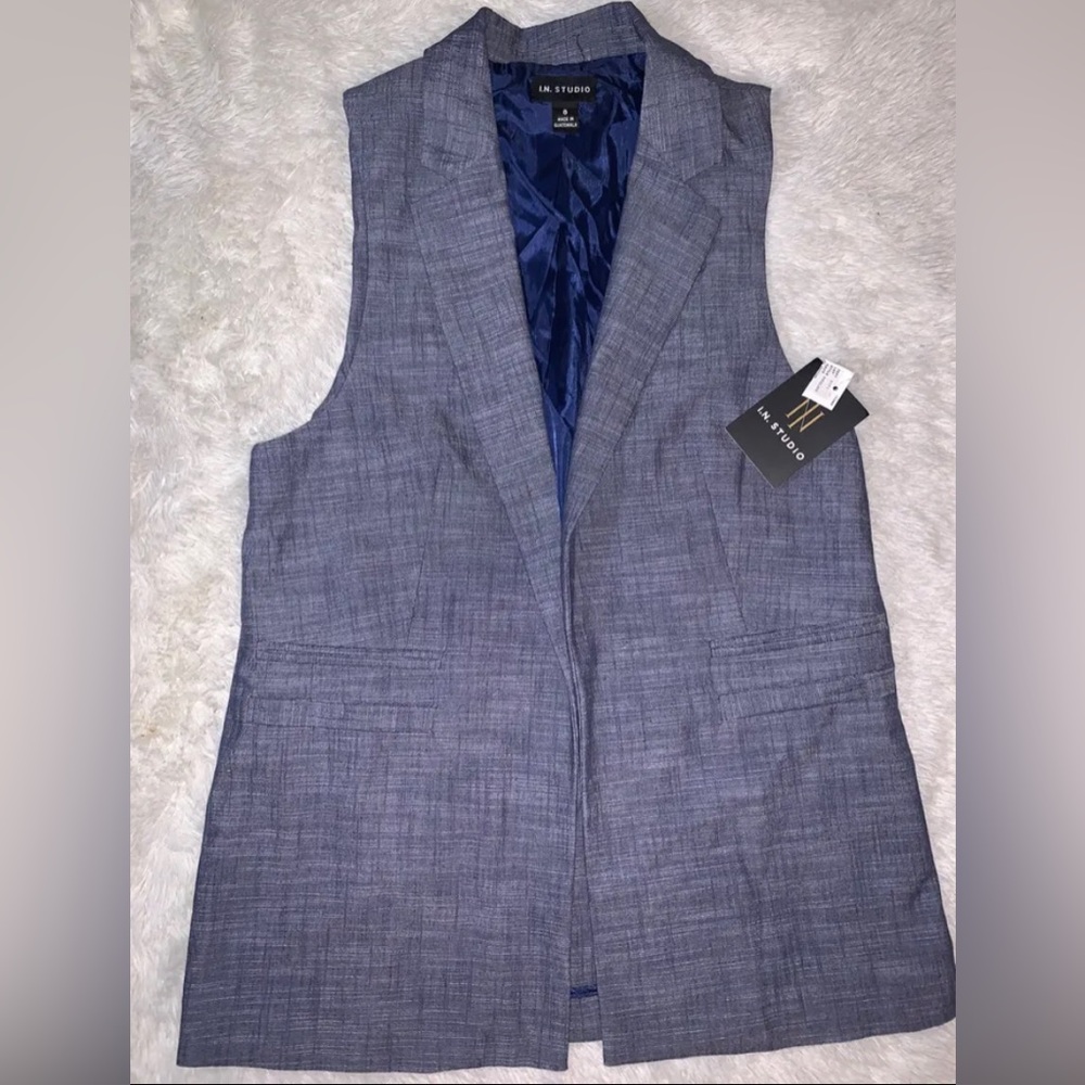 I. N. Studio Women’s Navy Blue Denim Like Vest Open Front w/ Collar Sz 8 NWT